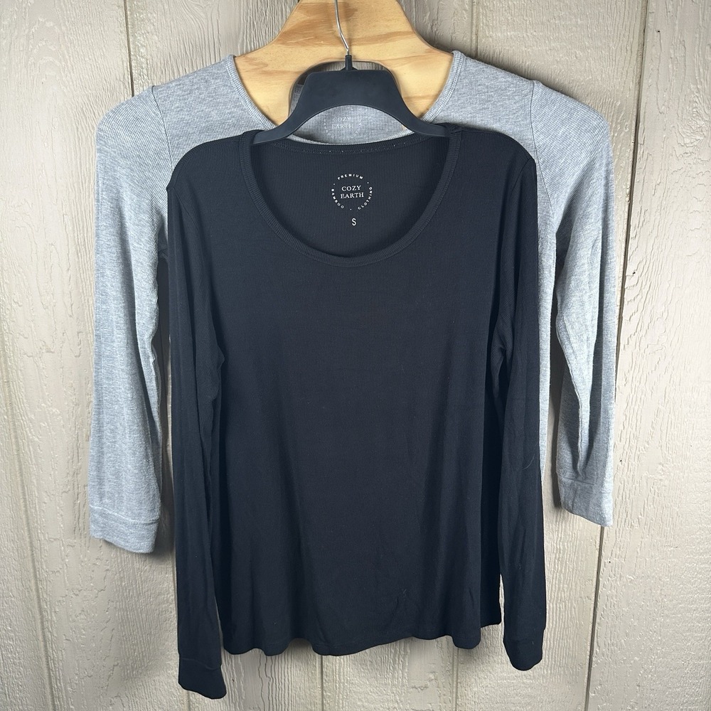 Cozy Earth Long Sleeve TShirt Womens Small Black Grey Fine Ribbed Bamboo Lot 2
